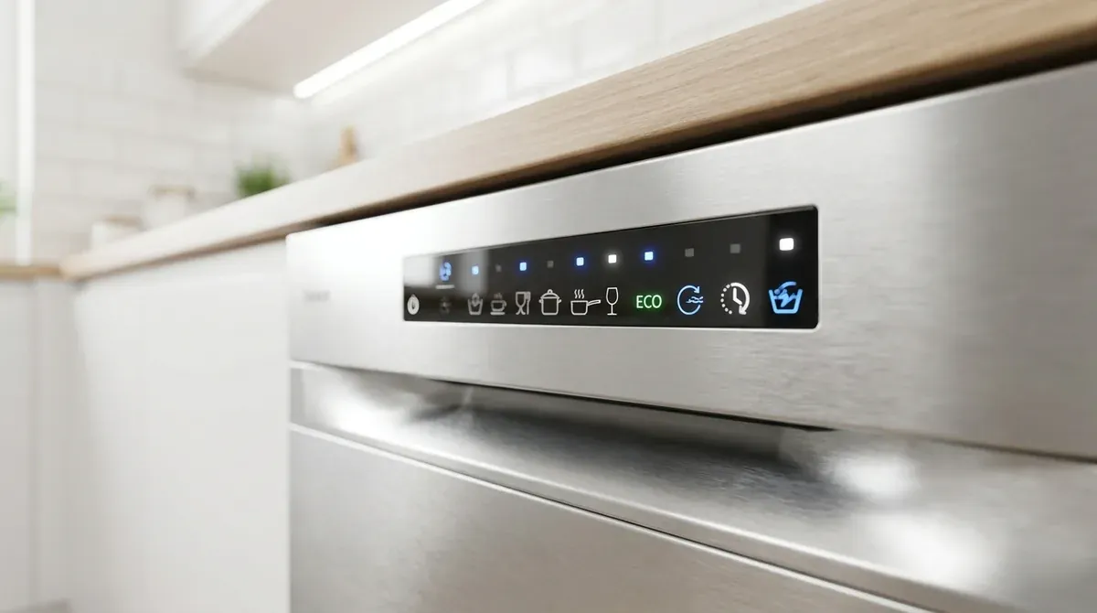 modern stainless steel dishwasher control panel with illuminated buttons