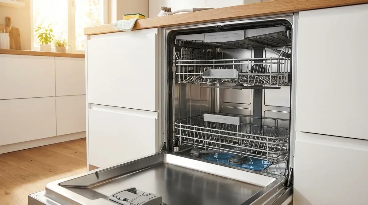 Open dishwasher with standing water pooled at bottom
